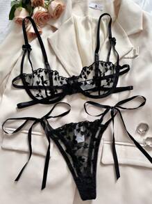 Conjunto de lencería sexy para mujer, sujetador transparente de 2 piezas con bordado de corazón negro clásico, íntimo, adecuado para luna de miel, club nocturno, cita