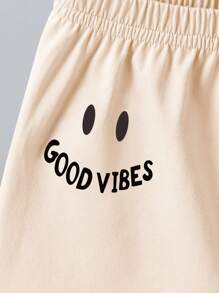 2 pezzi Outfit estivo per bimbo, set composto da maglietta a maniche corte a girocollo e shorts con elastico, magliette con stampe casual di lettere e facce sorridenti, completo sportivo alla moda - Albicocca - Visualizzare 5