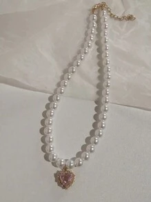 1 pieza Collar de gargantilla Kpop vintage con colgante de corazón en cadena de perlas y circonias para mujer, joyería estética de fiesta regalo de Navidad caliente