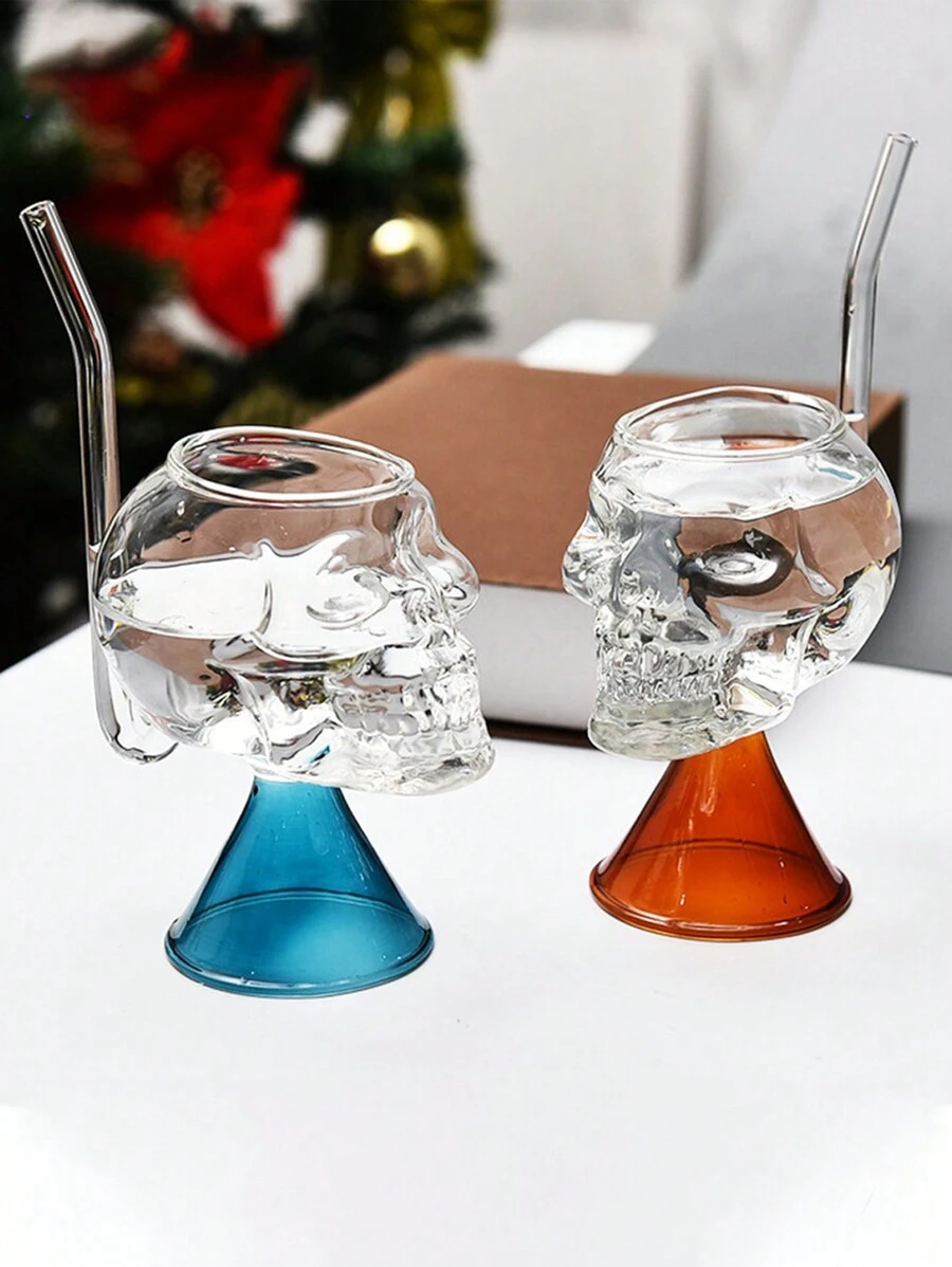 1入組骷髏頭雞尾酒杯連吸管創意酒會玻璃器皿，混合酒杯個性化威士忌果汁冰沙吸管杯 - 彩色 - 查看 1