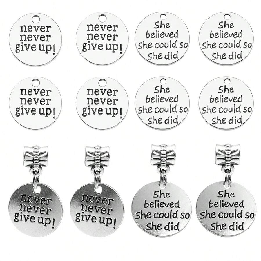 10pcs Inspirational Words Charms Lettering Saying Pendants Engraved Message Charms For Jewelry Making Hand Craft Supplies Jewelry Findings For DIY Necklace Bracelet Earring Key Chains Never Never Give Up She Believed She Could So She Did - Antique Silver - View 1