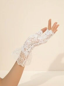 1 双花卉半指镂空蕾丝手套万圣节情人节 - 白色 - 查看 5