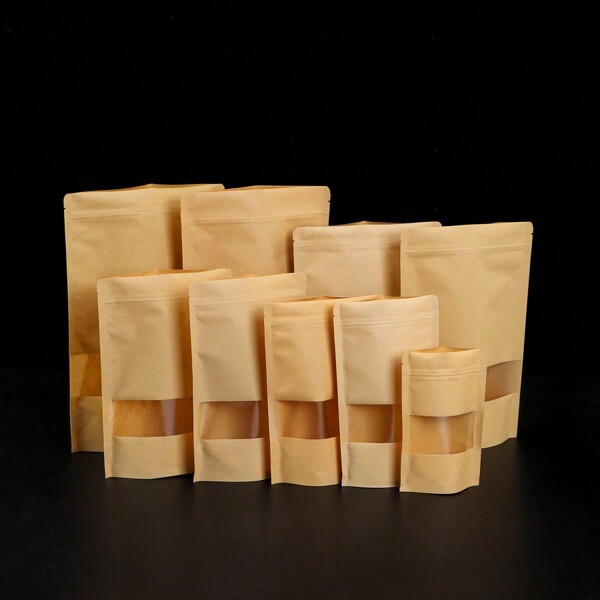 10pcs Brown Kraft Paper Self-Sealing Windowed Matte Waterproof Snack & Dried Food Preservation Bag, Stand-Up Pouch, Household Gift Bag Party Kitchen
