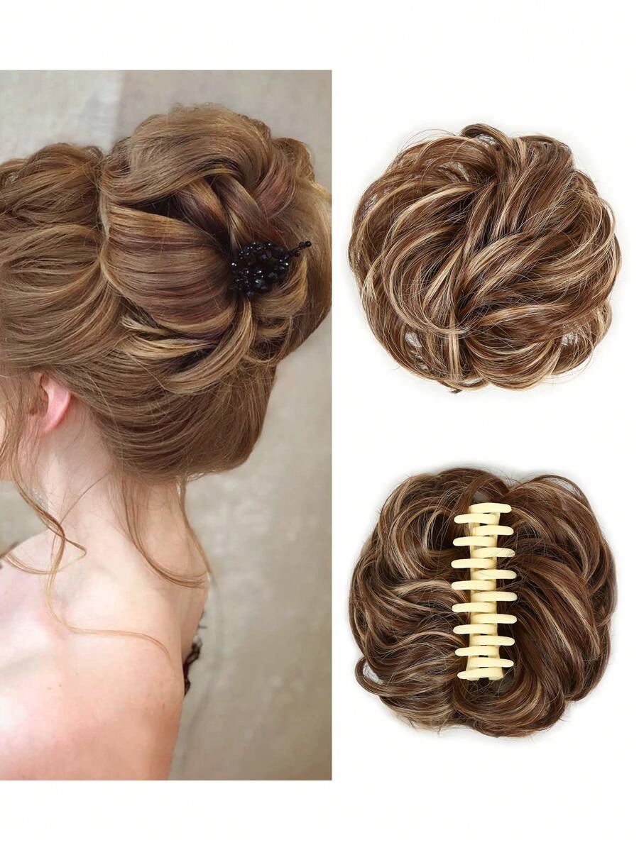 凌乱发髻发夹，波浪卷发髻发夹，蓬松人造发髻发片，发圈式假发片，酒红色，适合圣诞节、新年、狂欢节、音乐节等场合 - 彩色 - 查看 1