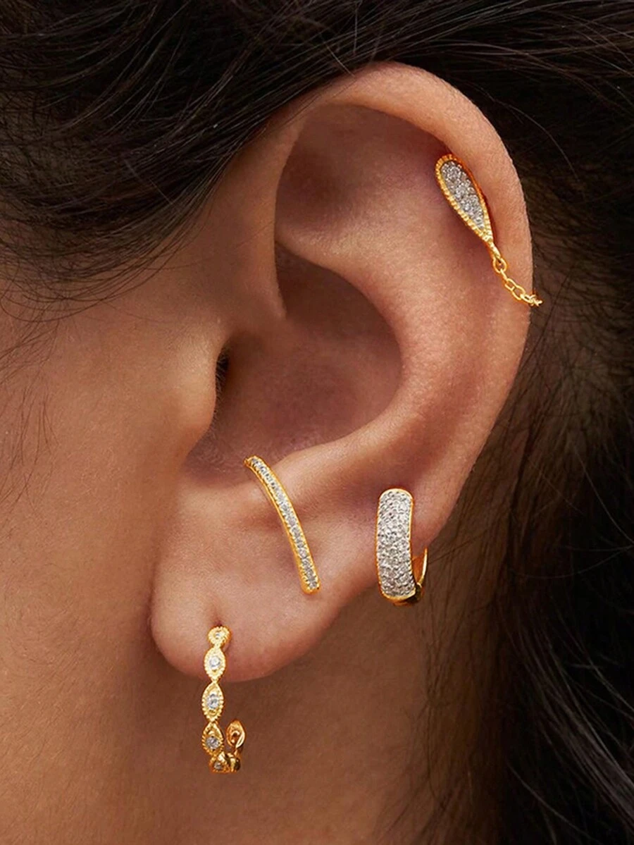 4 Pcs Gold Color Cubic Zirconia Chain Stud Earrings For Women Exquisite Zirconia Piercing Hoop Earrings Set Fashion Jewelry