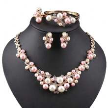 1pc Fashionable Beaded Pink & White Faux Pearl & Rhinestone Jewelry Set, Including Necklace, Bracelet, Earrings, Ring, Perfect For Women Wedding Party Accessories & Gift