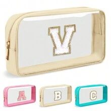 Personalized Initial Letter Clear Makeup Bag, Preppy Small Nylon&PVC Cosmetic Zipper Bag With Chenille Letter, Portable Beach Travel Skincare Toiletry Bag,Fashionable Monogram Gift For Teen Girls Women,Transparent Organizer Pouch For Travel Back To School Bathroom Dorm Essentials For Makeup Tools Makeup Bags Makeup Organizer Make Up Organizer Makeup Storage Make Up Bag - Beige - View 17