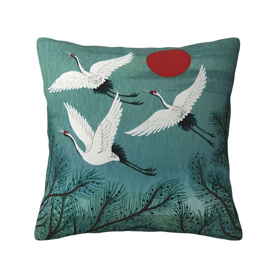 1pc New Chinese Style Linen Crane Pattern Pillowcase For Home Living Room Sofa, Square Shape Pillow Cover For Nap And Rest, Pillow Core Not Included - Multicolor - View 1