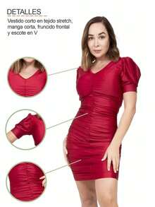 Vestido de Noche Sin Manga Cuello V Acabado Funcido - Rojo - Ver 5