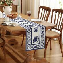 1 szt. Bieżnik w kratkę w kwiaty i ptaki, nadruk z niebieskimi kafelkami do dekoracji kuchni, stół do jadalni w domu, przyjęcie, dekoracje do wnętrz i na zewnątrz - Niebieski - Zobacz 6