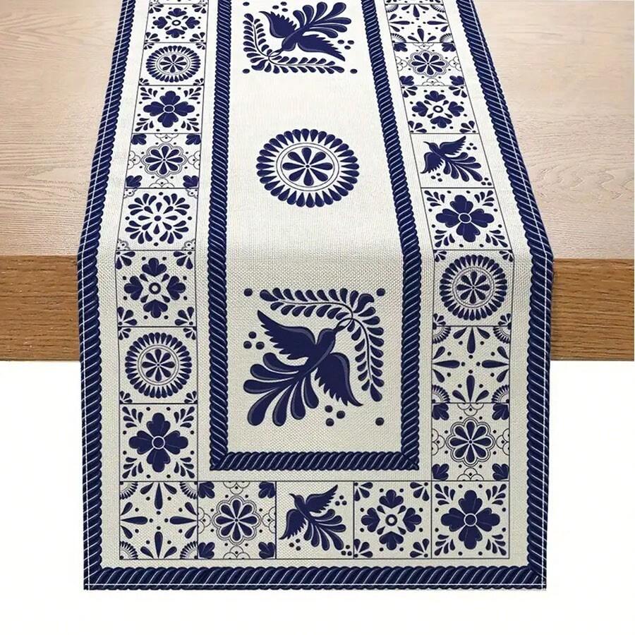 1 szt. Bieżnik w kratkę w kwiaty i ptaki, nadruk z niebieskimi kafelkami do dekoracji kuchni, stół do jadalni w domu, przyjęcie, dekoracje do wnętrz i na zewnątrz - Niebieski - Zobacz 1