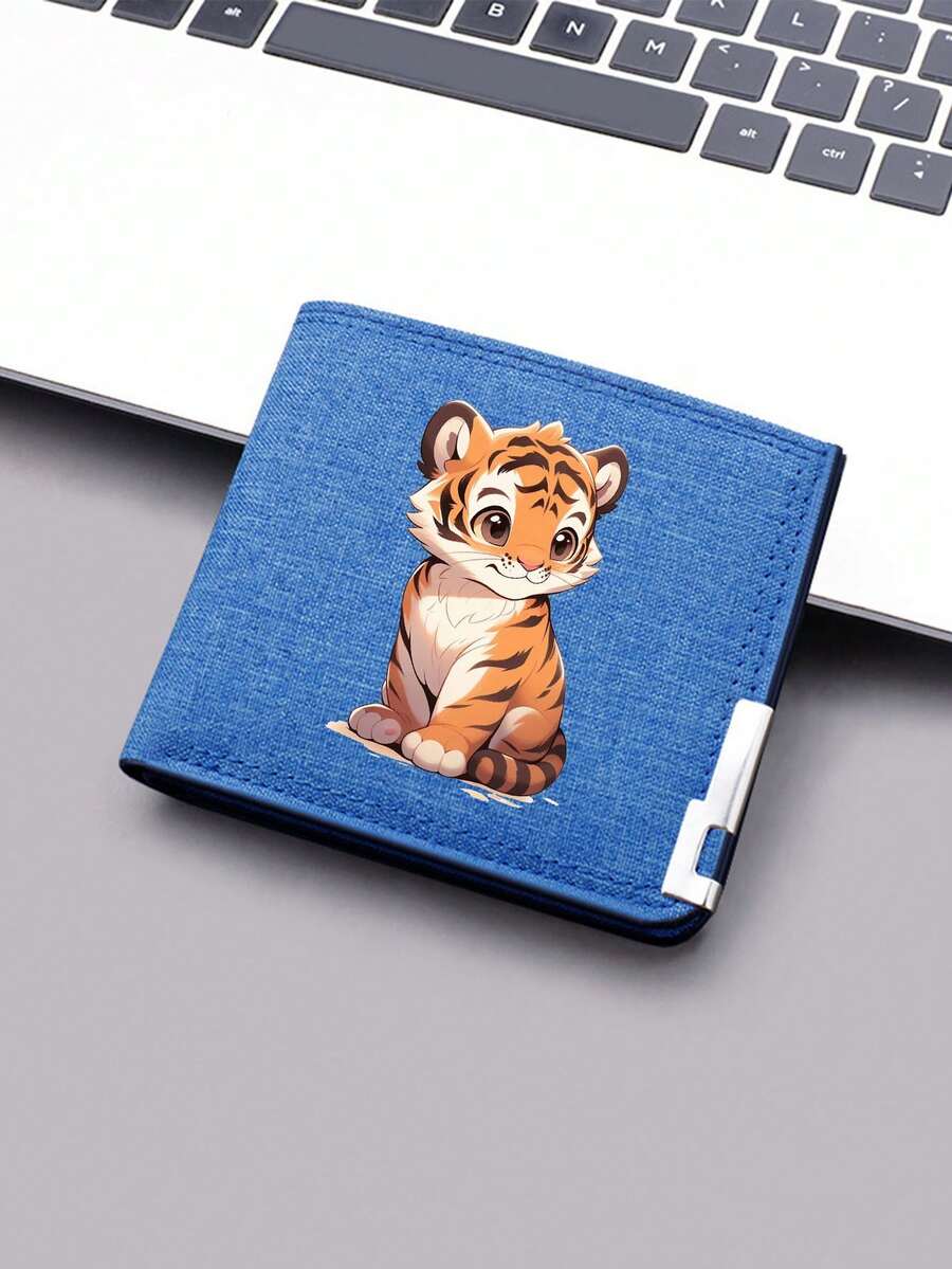 Monedero plegable de lona con diseño de cachorro de tigre lindo, soporte para tarjetas de crédito, billetera corta ligera y portátil con múltiples ranuras para tarjetas - Unitalla - Ver 1