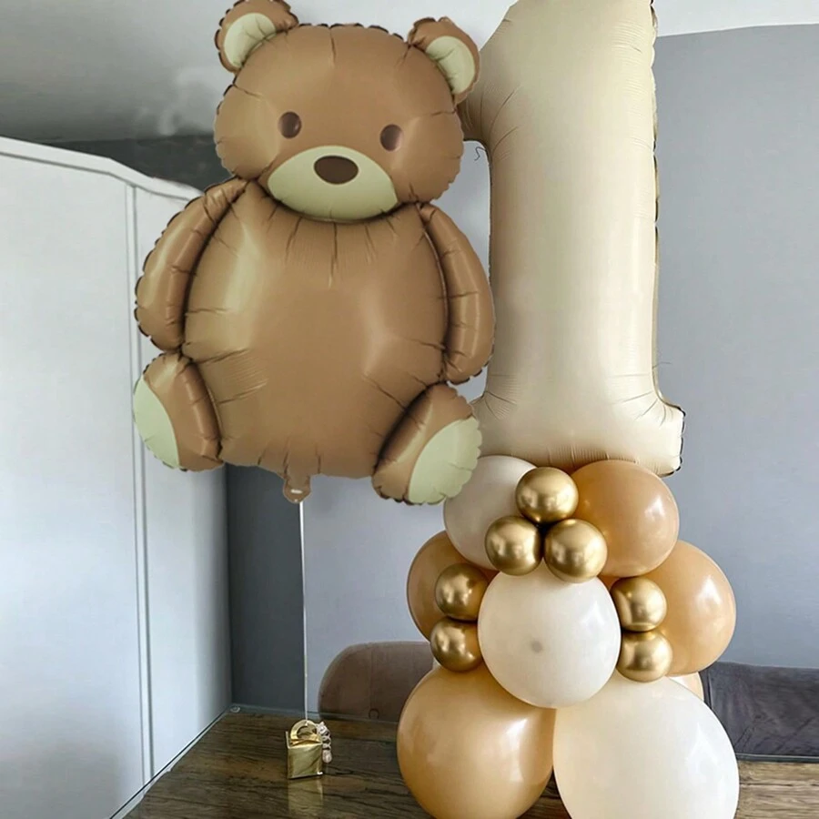 26pcs Brown Cute Bear Cream-Brown 3D Number Decorative Balloon Set, Suitable For Festivals, Birthdays, Parties And Other Events, Christmas