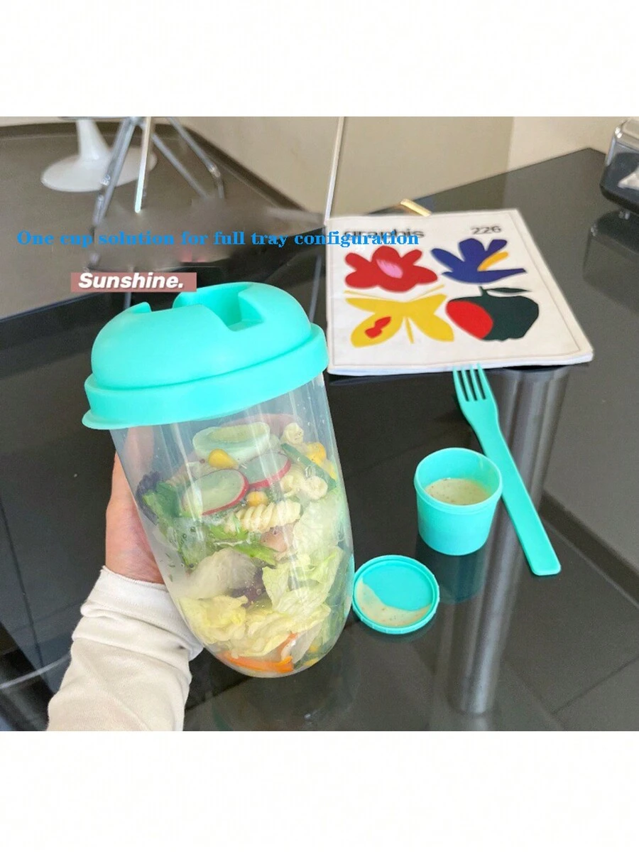 1升攜帶式沙拉攪拌器-防漏，輕便沙拉即食容器，附叉子和調味盒，非常適合戶外露營，野餐等活動 - 綠色 - 查看 1