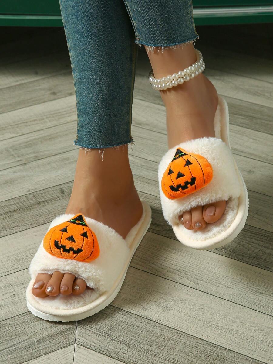 Cute And Funny Cartoon Pumpkin Indoor Slippers For Halloween, Men's Open Toe Slippers And Women's Furry Floor Slippers