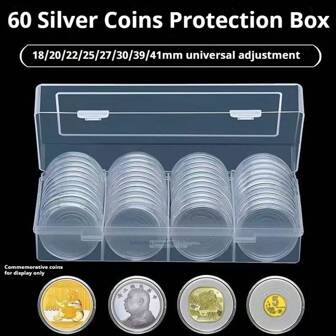 60 Coin Holder Coin Capsule Container 41mm Round Box With Inner Cushion Transparent Collectibles Coin Medals Storage Organizer Collection Supplies