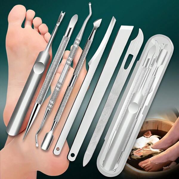 7-teiliges Edelstahl-Nagelpflege-Set für abgestorbene Haut und Hornhaut, geruchsarmer Nagelhautentferner-Werkzeug-Set für Senioren, präzise Schneide-Kanten für glatte Entfernung - beinhaltet Nagelfeile und -reiniger
