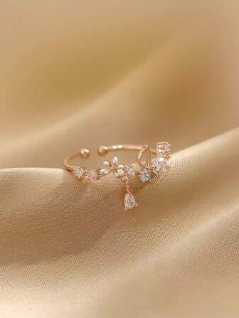 Nooxian 1pc Women Rose Gold Flower-Shaped Open Ring With Cubic Zirconia Valentines