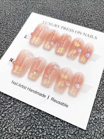 10pcs DIY Handmade Fake Nails,100% Handmade Press On Nails Magic Mirror Powder Magic Aurora Water Beads Streamer Nail Tips, Short Coffin Fake Nails Nude And Pink Color Reusable Nail Sticker Tips For Nail Decoration Nail Supplies