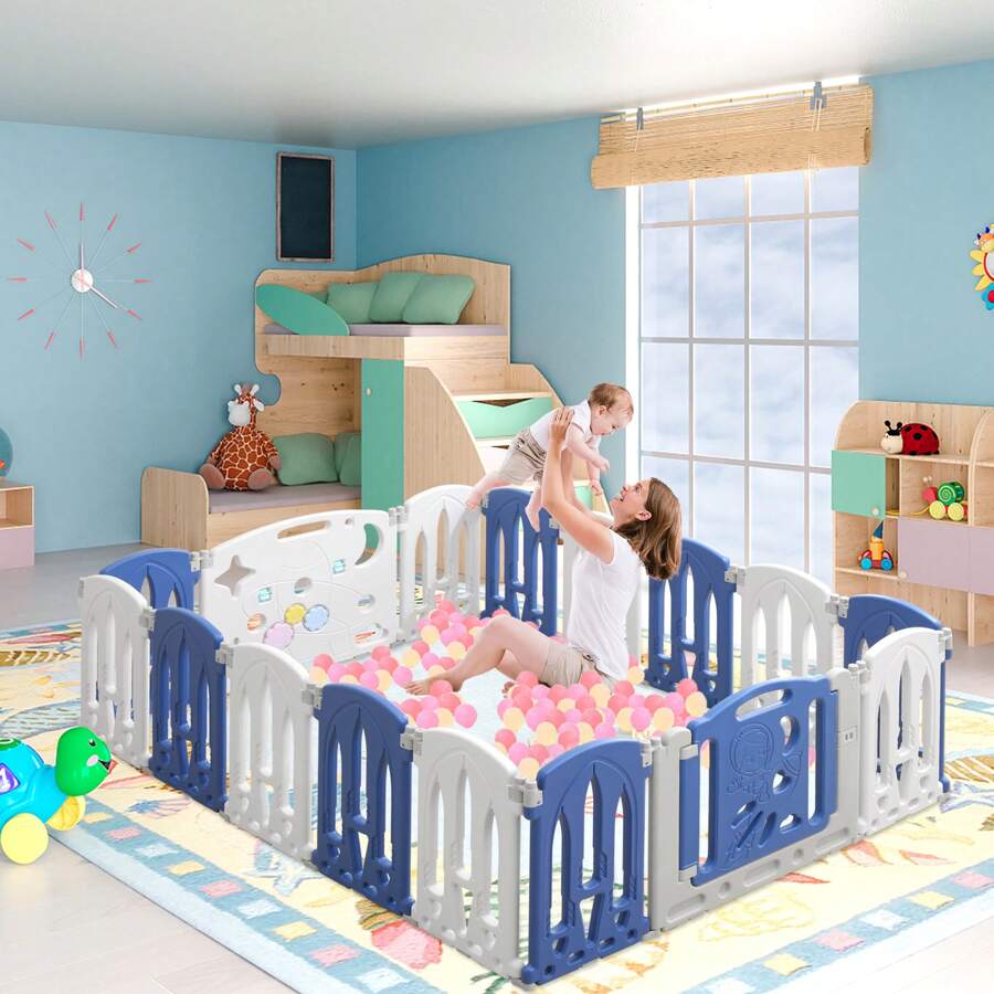 LILIIN Playpen Baby Playpen Foldable Children's Fence Made Of Plastic Play Fence Blue And White Large Fence 14 Panels / 16 Panels / 18 Panels Crawling Gate With Door And Toy Board - 16塊面板 - 查看 1