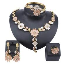 1pc Fashionable Crystal Flower Jewelry Set, Including Necklace, Bracelet, Earrings, And Ring, Suitable For Women To Wear On Weddings, Parties, And Banquets, As Gifts