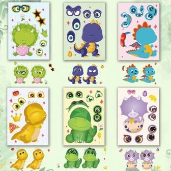 6 张为幼儿制作自己的恐龙贴纸，为儿童制作脸部贴纸，派对礼品活动，儿童派对包，儿童派对礼品，儿童活动，制作脸部贴纸，儿童手工活动，儿童脸部宝石