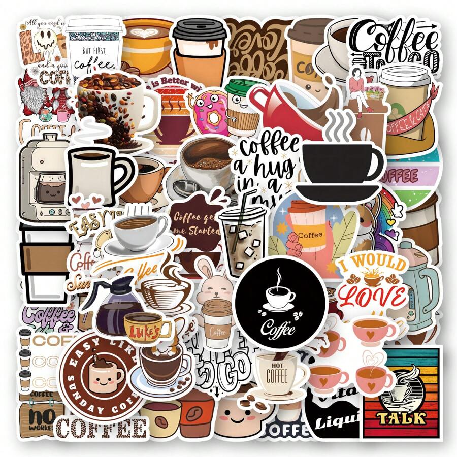50入組咖啡貼紙，適用於剪貼簿、日記、筆記型電腦、杠、滑板、水瓶、電腦、手機、卡通、硬帽、汽車貼紙與貼花 - 彩色 - 查看 1