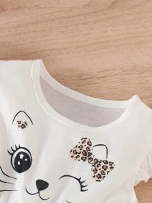 Set de 3 bucăți pentru fete tinere, cu mâneci tip șapcă leopard, cu model de pisică