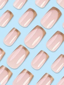 24 件短方形粉色边缘法式美甲套装，适合女士和女孩提升魅力