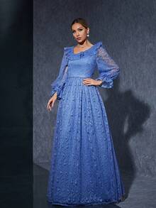 Asymmetrical Neck Embroidered Lace Mermaid Evening Dress With Ruffled Neckline, Long Sleeve - Blue - View 4
