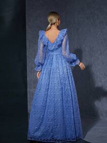 Asymmetrical Neck Embroidered Lace Mermaid Evening Dress With Ruffled Neckline, Long Sleeve - Blue - View 2