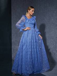 Asymmetrical Neck Embroidered Lace Mermaid Evening Dress With Ruffled Neckline, Long Sleeve - Blue - View 1