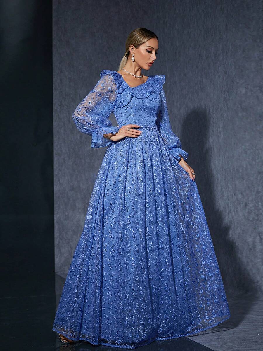Asymmetrical Neck Embroidered Lace Mermaid Evening Dress With Ruffled Neckline, Long Sleeve - Blue - View 1