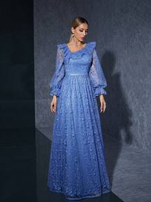 Asymmetrical Neck Embroidered Lace Mermaid Evening Dress With Ruffled Neckline, Long Sleeve - Blue - View 5