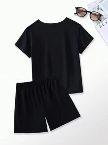 2 件套年轻男孩标语印花 T 恤和短裤 - 黑色 - 查看 2