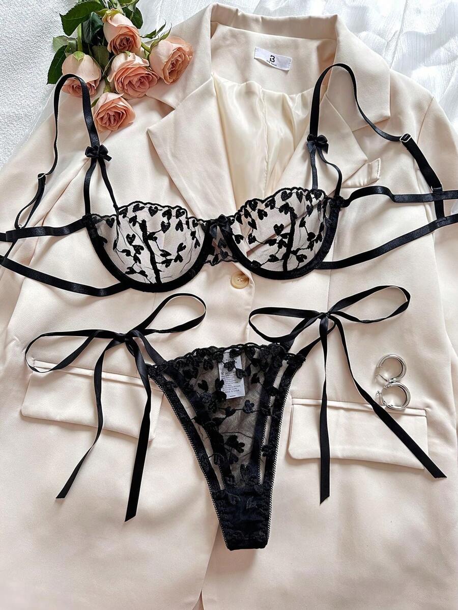Conjunto de lencería sexy para mujer, sujetador transparente de 2 piezas con bordado de corazón negro clásico, íntimo, adecuado para luna de miel, club nocturno, cita