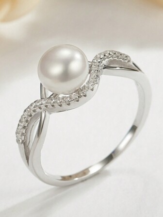 1 925 Silver Fashion High-End Lady Natural Freshwater Pearl Ring Micro-Inlaid With Diamond Simple Personalized Joker Bride Gift.