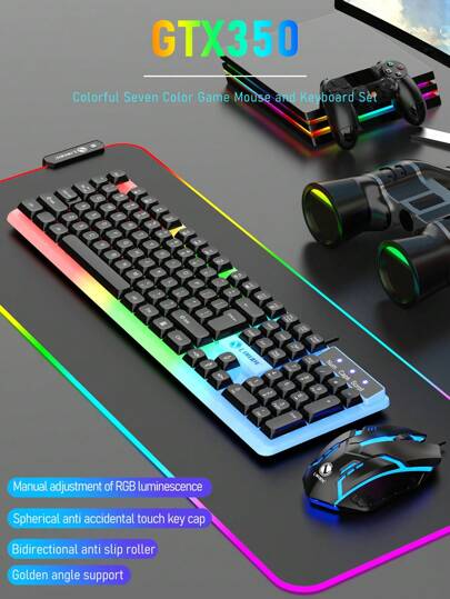 LIMEIDE One Set Black Wired Seven-Color Backlit Gaming Keyboard Compatible With Office And Home Gaming, With Wired Backlit Mouse