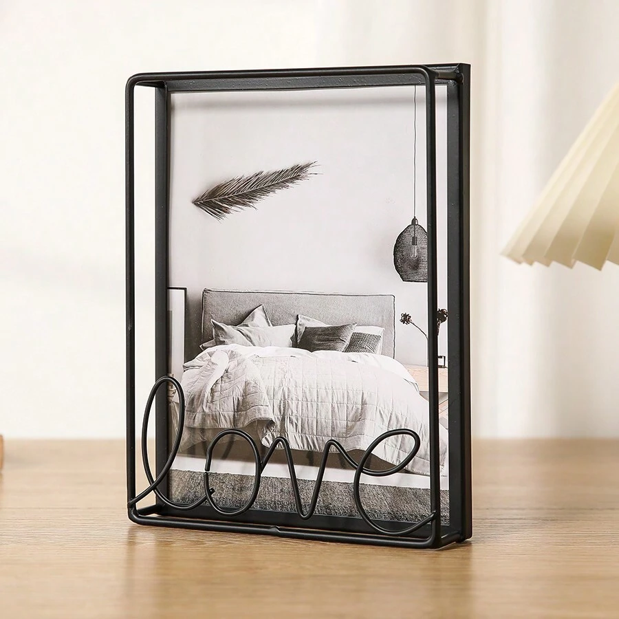 1pc LOVE Gold Metal Photo Frame, Desk Decoration Stand, Creative Fashion Frame For 6/7/8 In Black Gifts Birthday Graduation - Type B-black - View 1