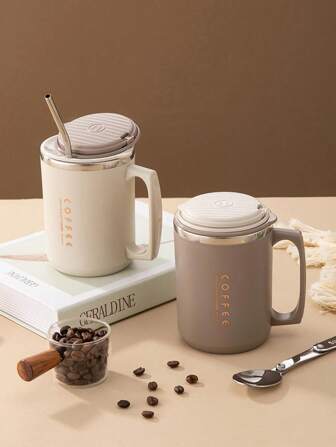 1pc 480ml 304 Stainless Steel Coffee Cup With Lid & Straw & Spoon, Double-Layer Thermal Insulated Coffee Mug, Sealed Leak Proof Beverage Tea Milk Water Cup, Anti Scalding Drinking Cup Drinkware, Suitable For Adults & Students Use In Home, School, Dorm, Office, Party, Outdoor Camping, Picnic, Travel, Back To School