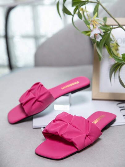 Women's Flat Sandals With Square Toe, Toe Ring, Pleated Vamp, Slip-Resistant, Outdoor Beach Vacation Casual Shoes