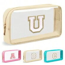Personalized Initial Letter Clear Makeup Bag, Preppy Small Nylon&PVC Cosmetic Zipper Bag With Chenille Letter, Portable Beach Travel Skincare Toiletry Bag,Fashionable Monogram Gift For Teen Girls Women,Transparent Organizer Pouch For Travel Back To School Bathroom Dorm Essentials For Makeup Tools Makeup Bags Makeup Organizer Make Up Organizer Makeup Storage Make Up Bag - Beige - View 31