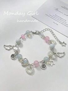 1pc Pulseira Artesanal Espiral de Asas de Laço Detalhe de Laço de Coração com Pérolas Naturais para Uso Diário e Festas Femininas - Estilo Y2K