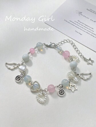 1入Y2K風格手工自然珠心靈魅力弓細節蝴蝶結玫瑰金色螺旋手鐲，適合女性日常穿著和派對