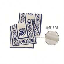 1 szt. Bieżnik w kratkę w kwiaty i ptaki, nadruk z niebieskimi kafelkami do dekoracji kuchni, stół do jadalni w domu, przyjęcie, dekoracje do wnętrz i na zewnątrz - Niebieski - Zobacz 7