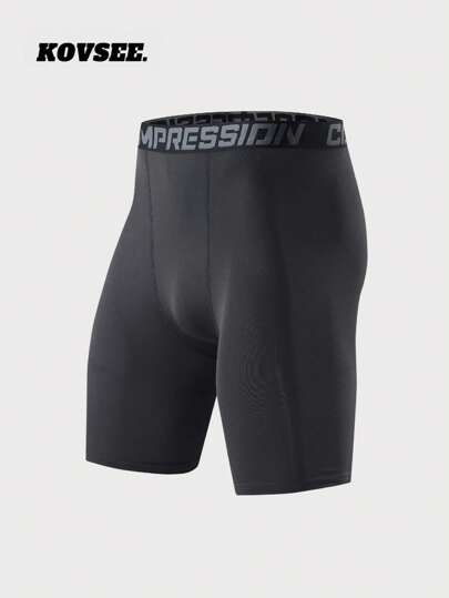 KOVSEE Boyfriend Style Men's Letter Print Basketball Compression Shorts, Breathable High Elastic Sports Training Tights, Black