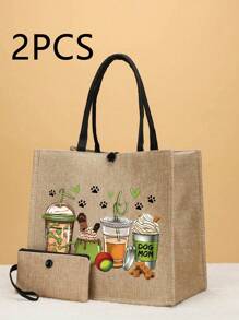 2入組印花禮物袋，手提袋套裝，輕便手提袋附錢包，適用於購物，旅行 - 卡其色 - 查看 1