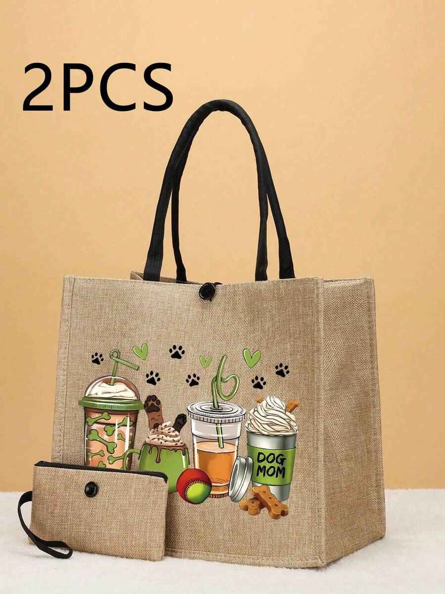 2入組印花禮物袋，手提袋套裝，輕便手提袋附錢包，適用於購物，旅行 - 卡其色 - 查看 1