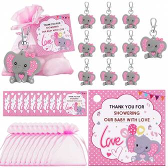 Set Of 10 Christening Favors, Guest Gifts, Including Elephant Keychain Ornaments, Drawstring Bags, Christening Party Thank You Cards,Christmas
