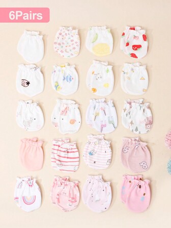 6pairs Assorted Newborn Baby Girl's Scratch Mittens, Strawberry & Rainbow Print, Soft & Skin-Friendly, Suitable For All Seasons